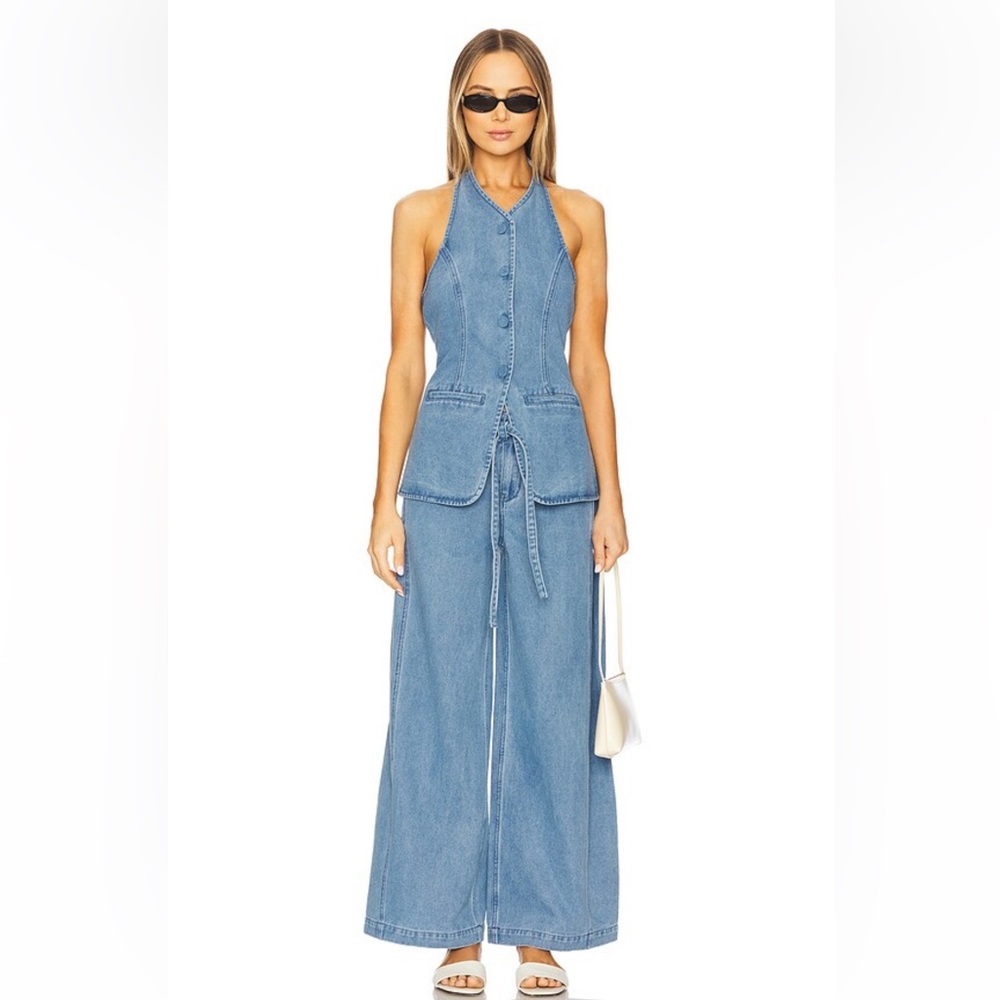 sovere everleigh blue denim halter neck tunic button front top blouse size small